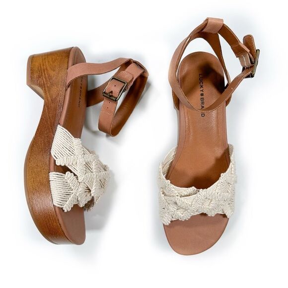 NEW Lucky Brand Sz 9 Famika Platform Sandals Chunky Knit Ankle Strap Leather - Picture 2 of 12